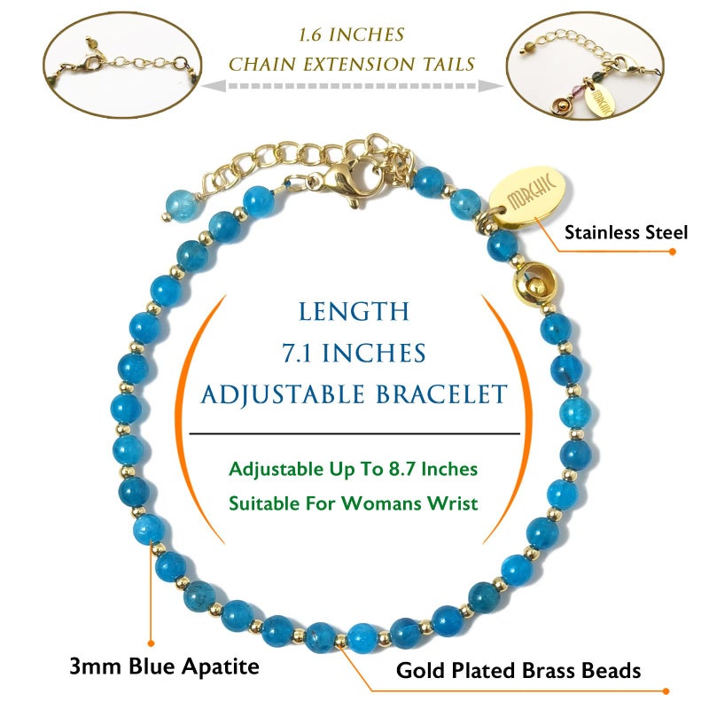 Morchic 3mm Blue Apatite Tiny Beads Bracelet for Women, Adjustable 7.1" Dainty Handmade Energy Gem Jewelry, Birthday Gift - Image 2